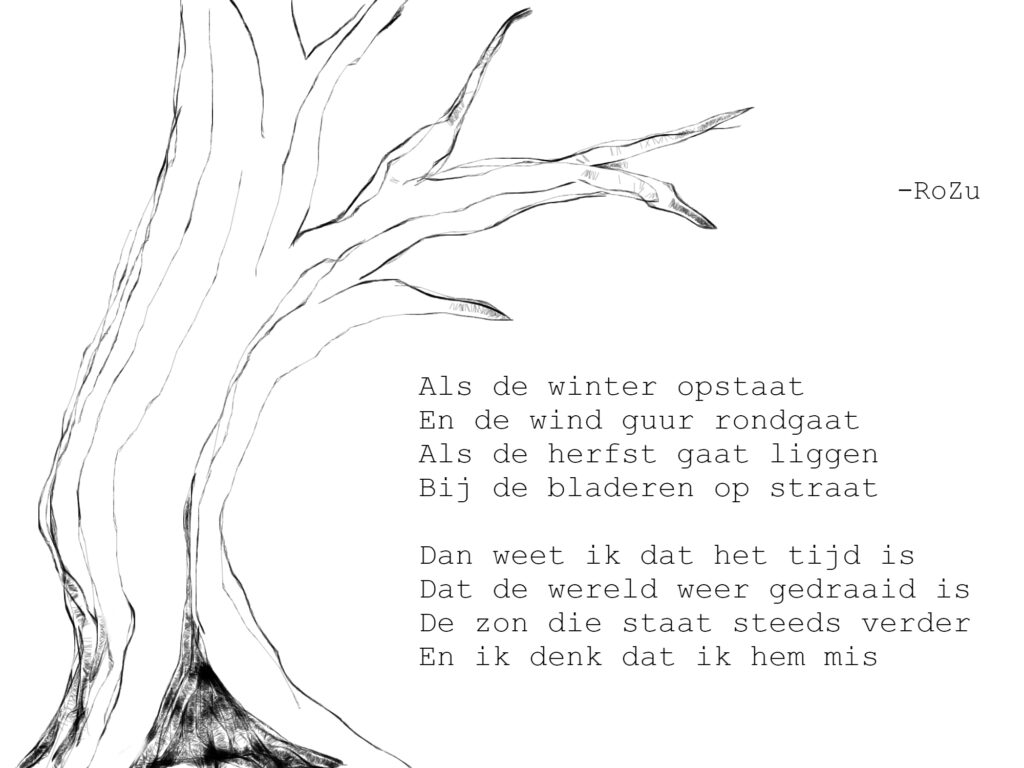 Als de winter opstaat
En de wind guur rondgaat
Als de herfst gaat liggen
Bij de bladeren op straat

Dan weet ik dat het tijd is
Dat de wereld weer gedraaid is
De zon die staat steeds verder
En ik denk dat ik hem mis
